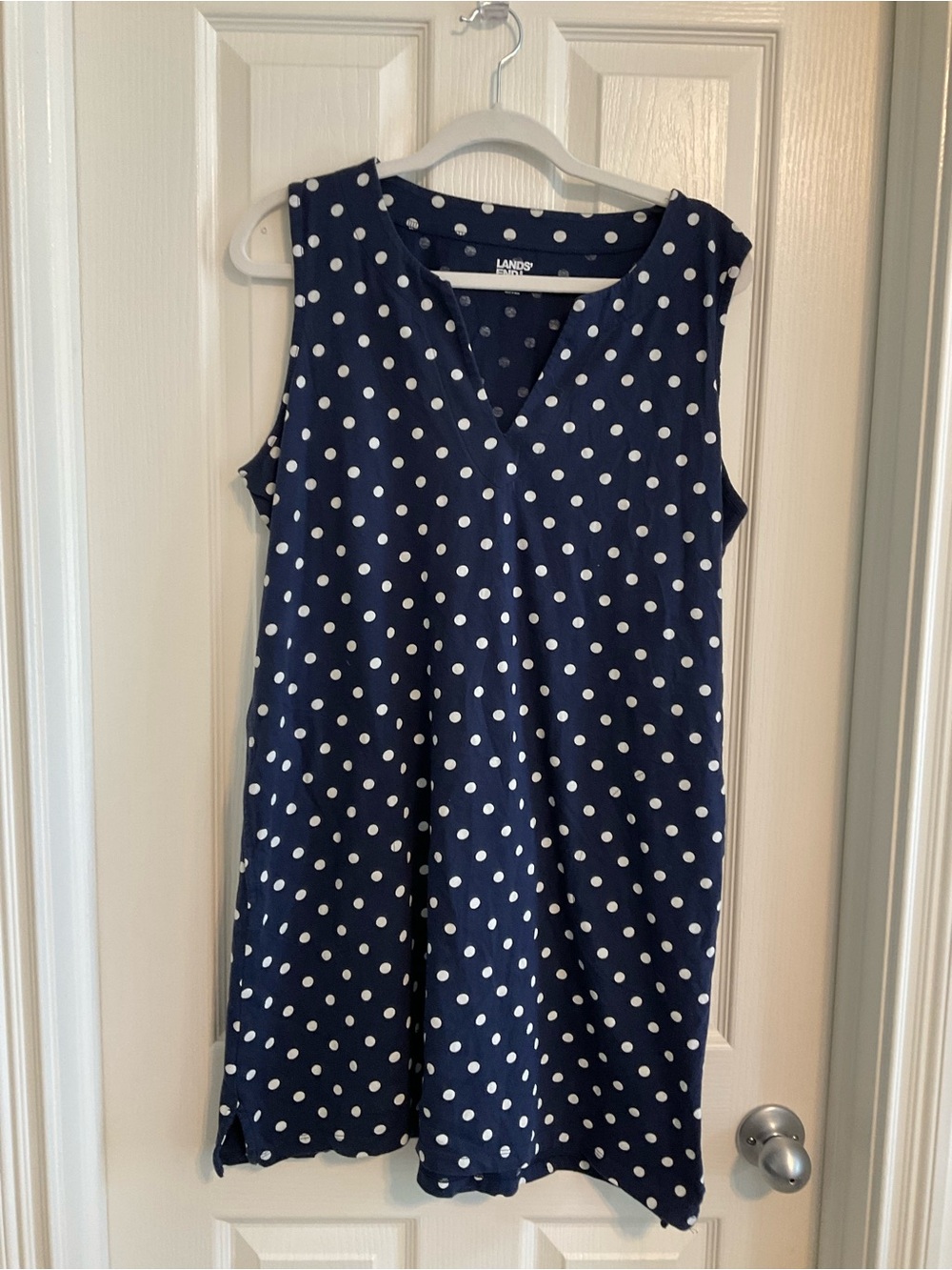Lands' End Navy Polka Dot Sleeveless V-Neck Dress